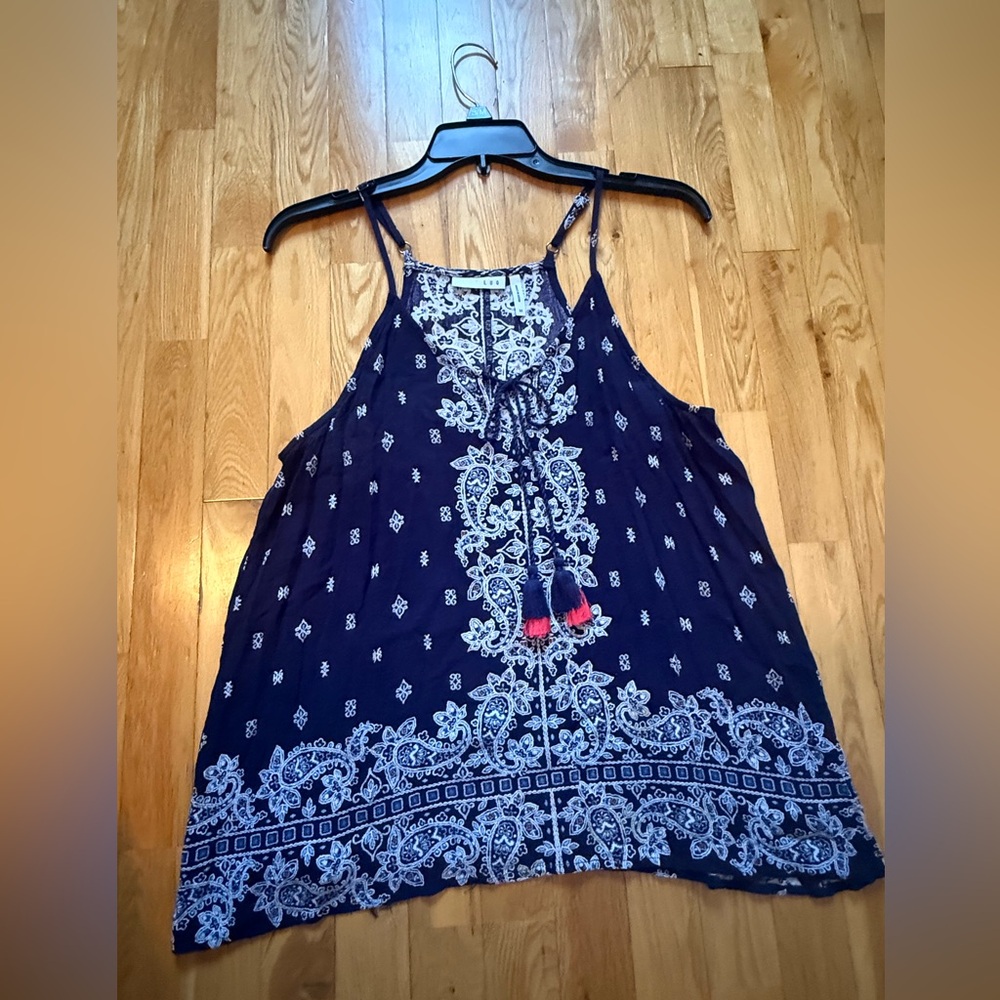 LUQ Navy Blue Paisley spaghetti strap tank with front tie detail Sz Medium